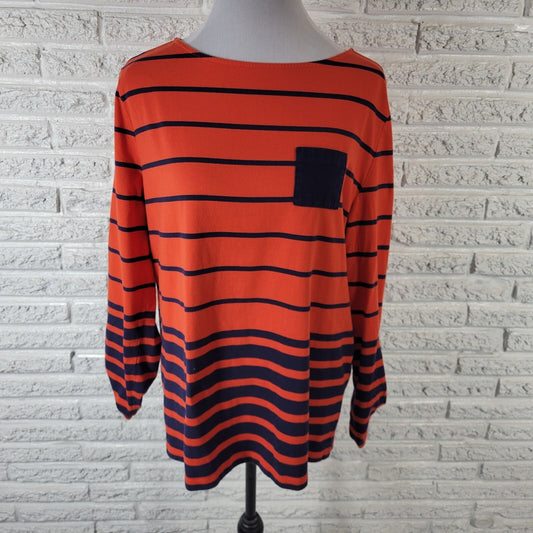 Coral Bay Womens Top 1X Plus Tee Long Roll Tab Sleeve Orange Blue Stripe Cotton