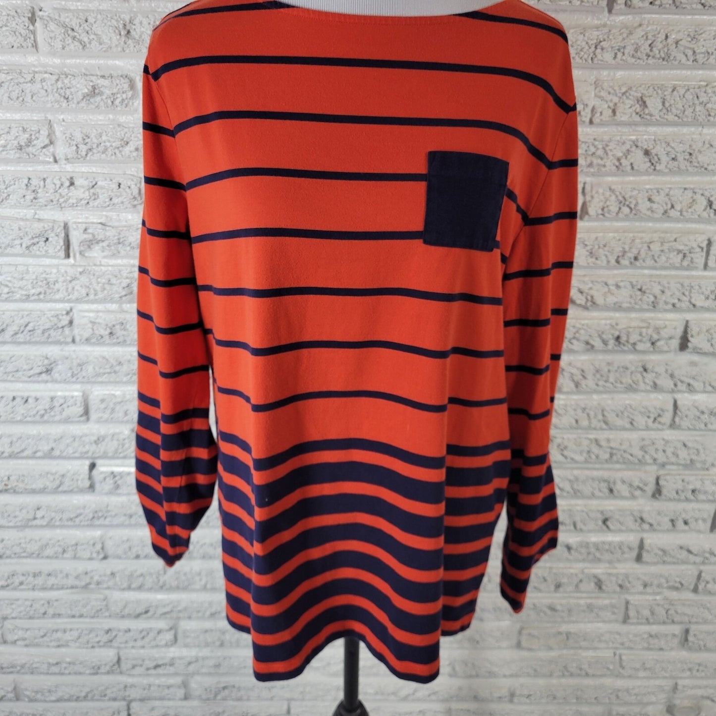 Coral Bay Womens Top 1X Plus Tee Long Roll Tab Sleeve Orange Blue Stripe Cotton