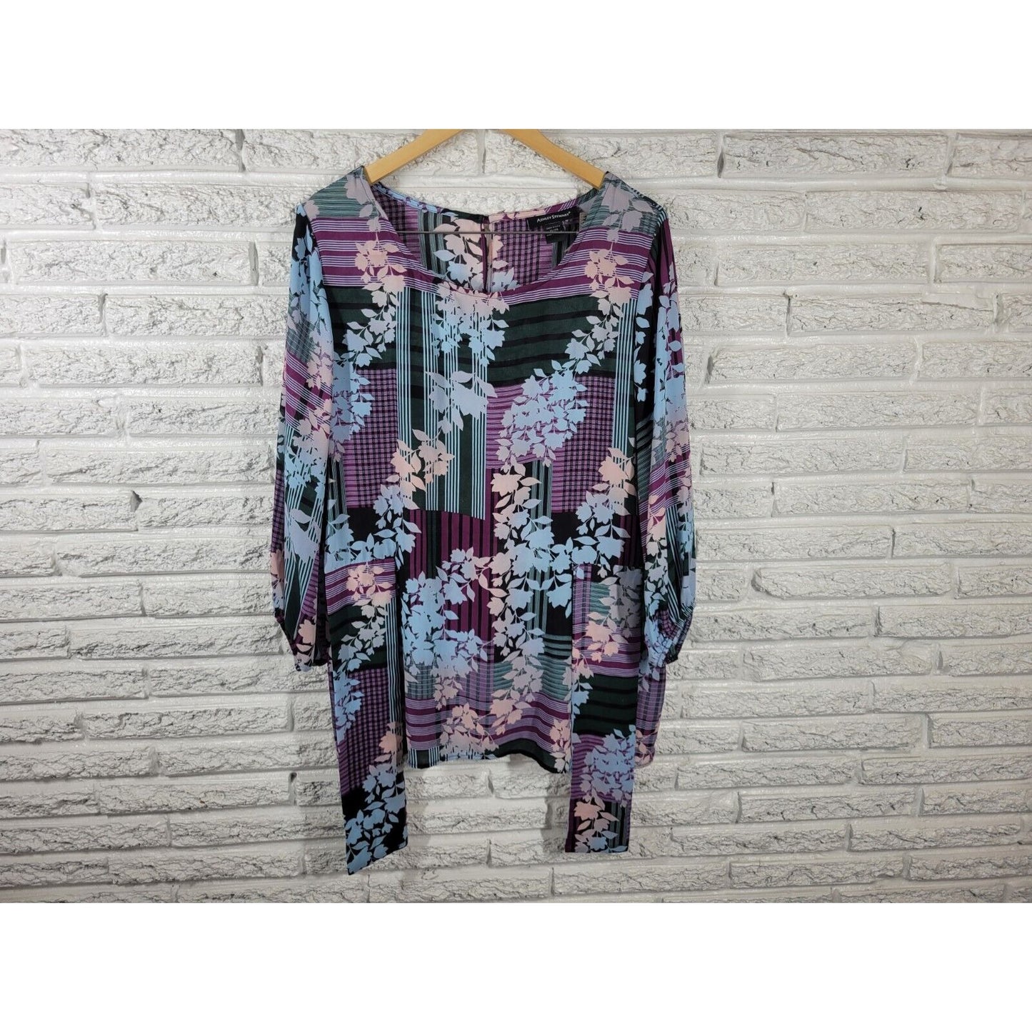 Ashley Stewart Womens Top 18 20 3/4 Sleeve Tie Purple Floral Sheer Keyhole Back