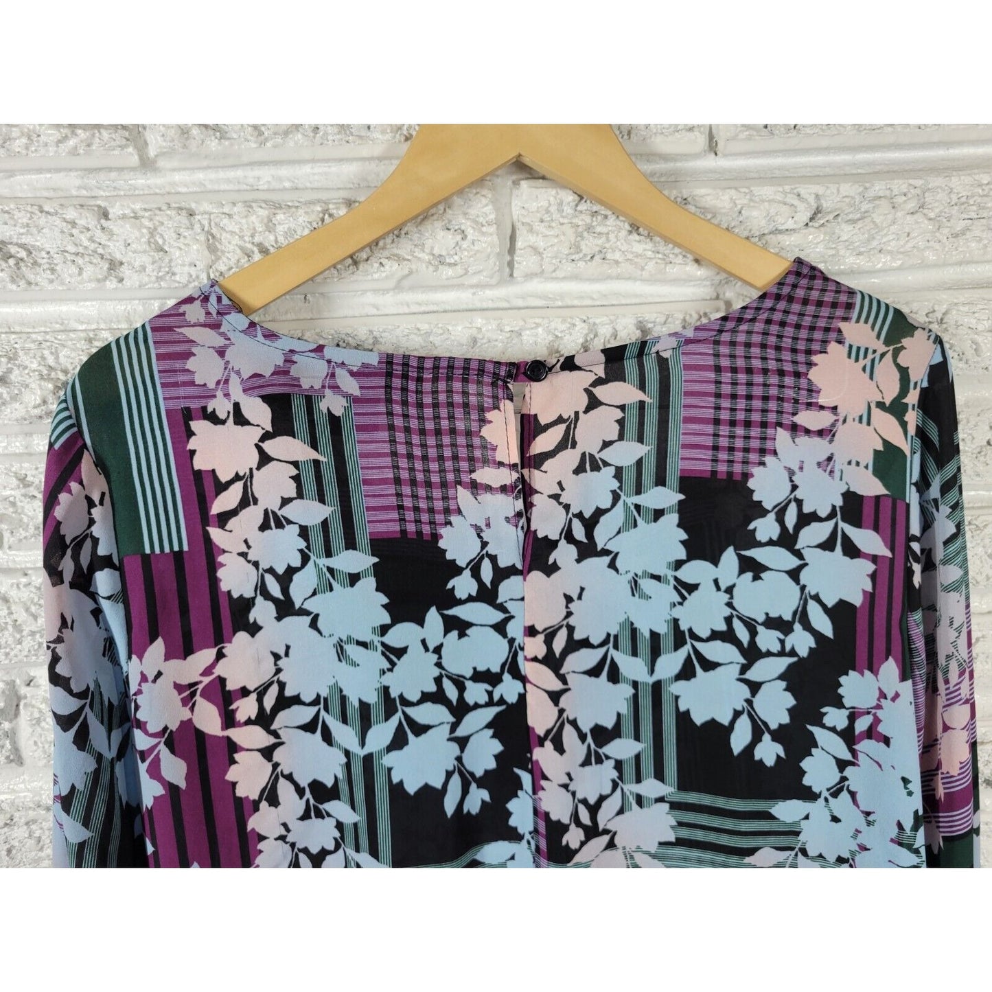 Ashley Stewart Womens Top 18 20 3/4 Sleeve Tie Purple Floral Sheer Keyhole Back