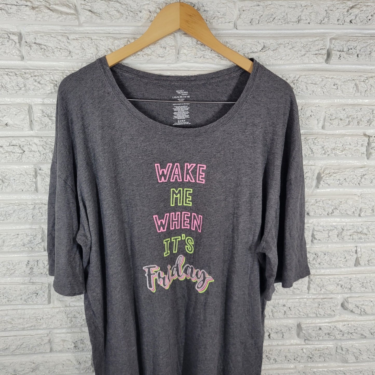 Secret Treasures Womens Pajama Top L XL Gown Wake Me When Its Friday Gray Lounge