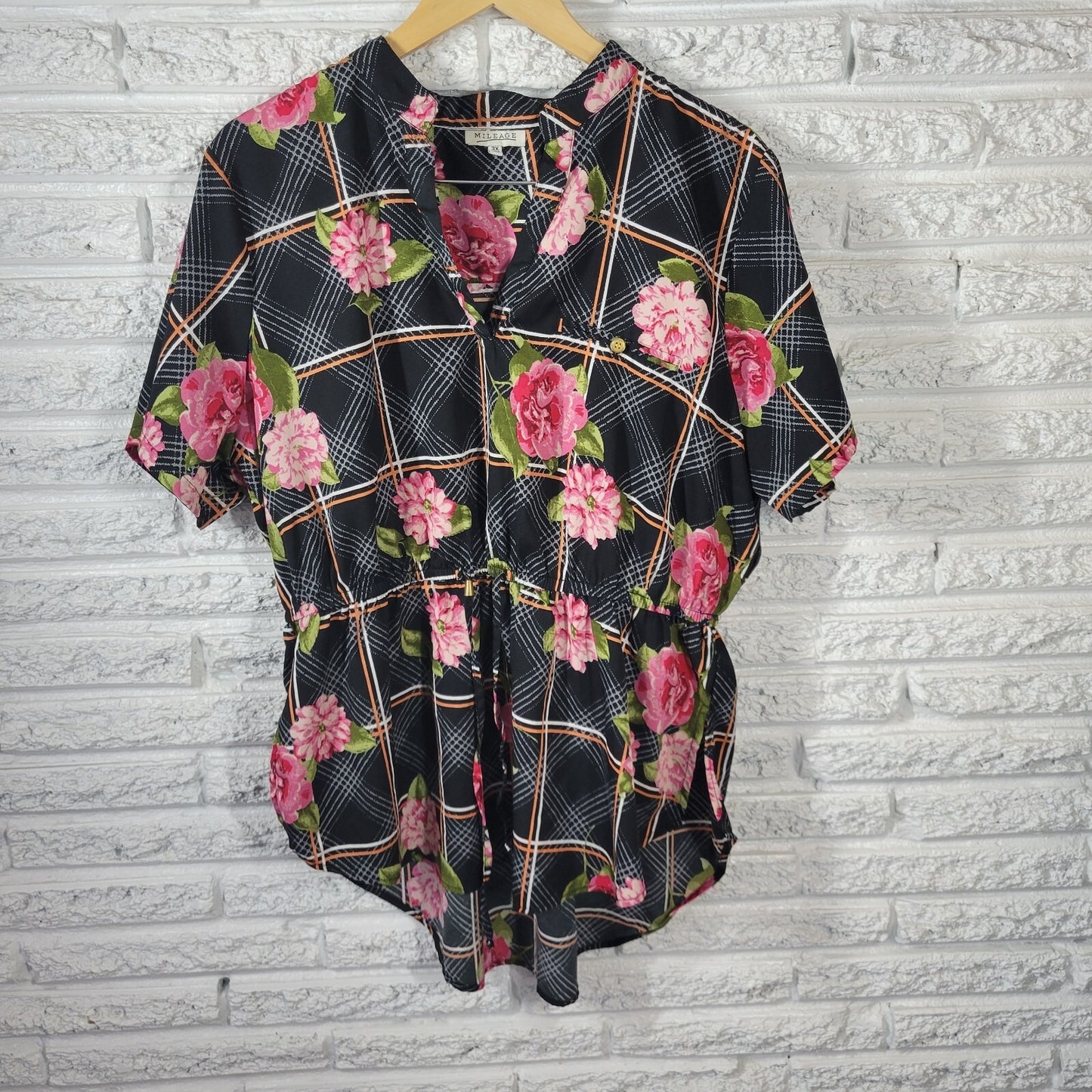 Mileage Womens Top 3X Pink Floral Asymmetric Poly Blend Lightweight Drawstring