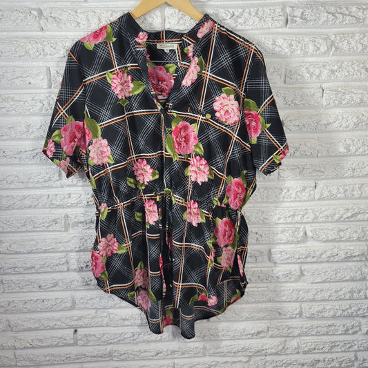 Mileage Womens Top 3X Pink Floral Asymmetric Poly Blend Lightweight Drawstring