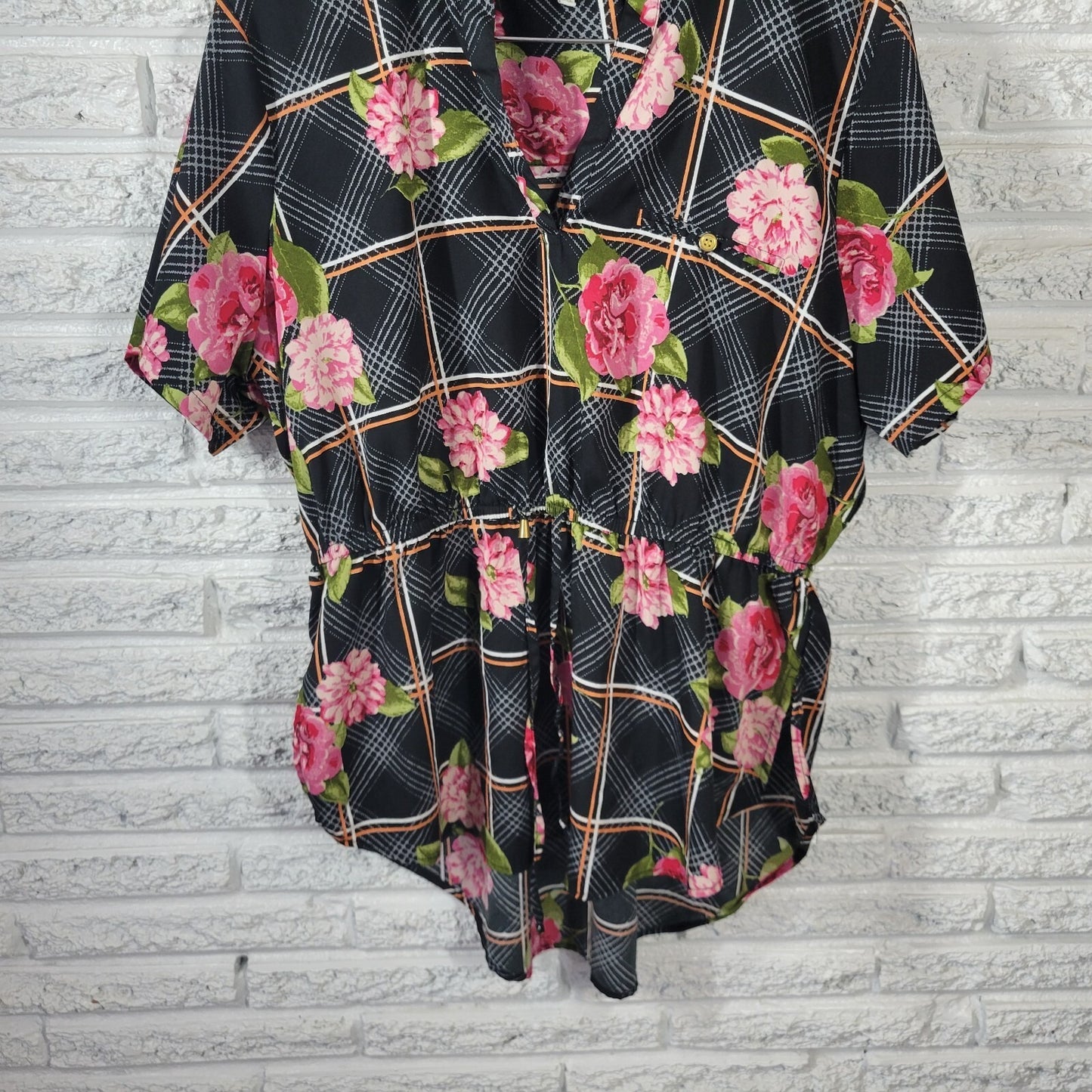 Mileage Womens Top 3X Pink Floral Asymmetric Poly Blend Lightweight Drawstring