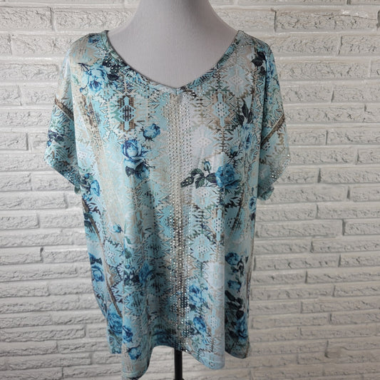 Gloria Vanderbilt Womens Top 1X Tee Short Sleeve Blue Roses Poly Blend Studded