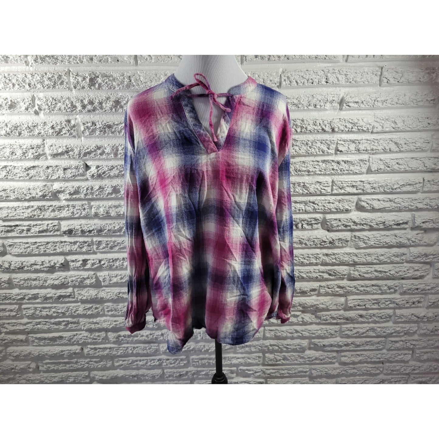 Bit Bridle Womens Top 2X Plus Tunic Long Sleeve Purple Blue Plaid Cotton Keyhole
