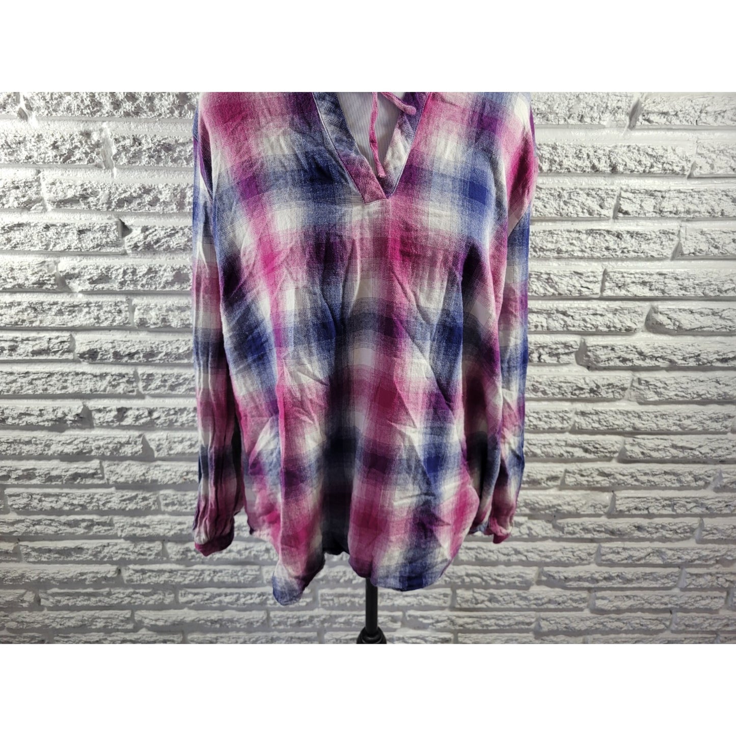 Bit Bridle Womens Top 2X Plus Tunic Long Sleeve Purple Blue Plaid Cotton Keyhole