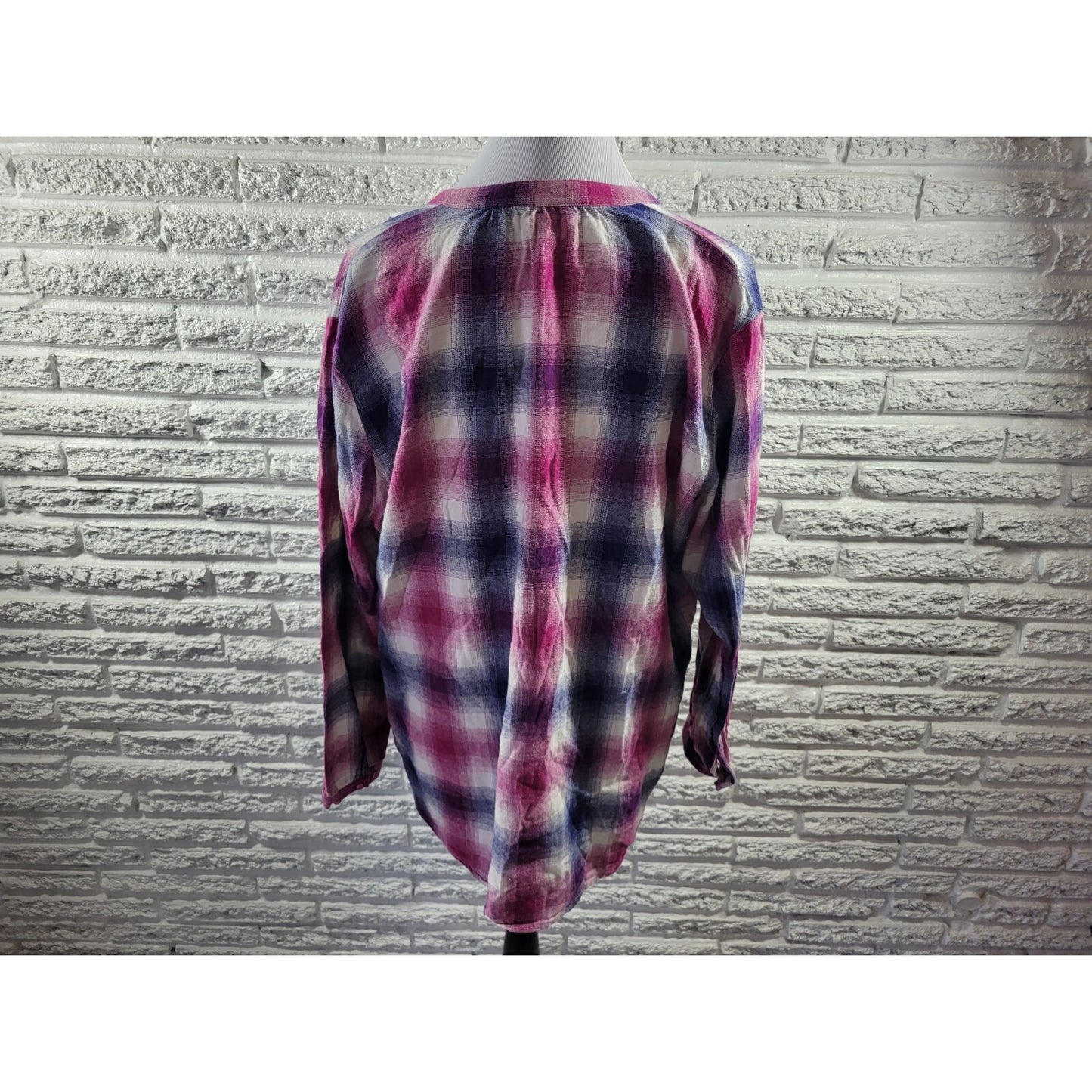 Bit Bridle Womens Top 2X Plus Tunic Long Sleeve Purple Blue Plaid Cotton Keyhole