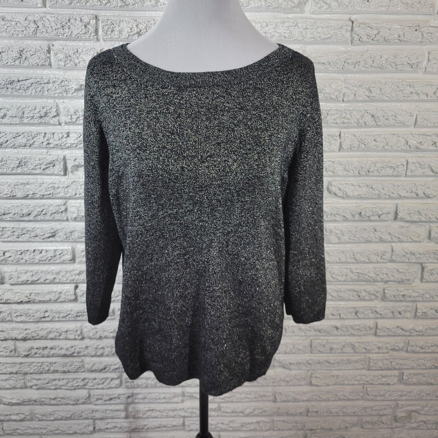 Liz Claiborne Womens Sweater Extra Large XL Black Silver Metallic 3/4 Sleeve