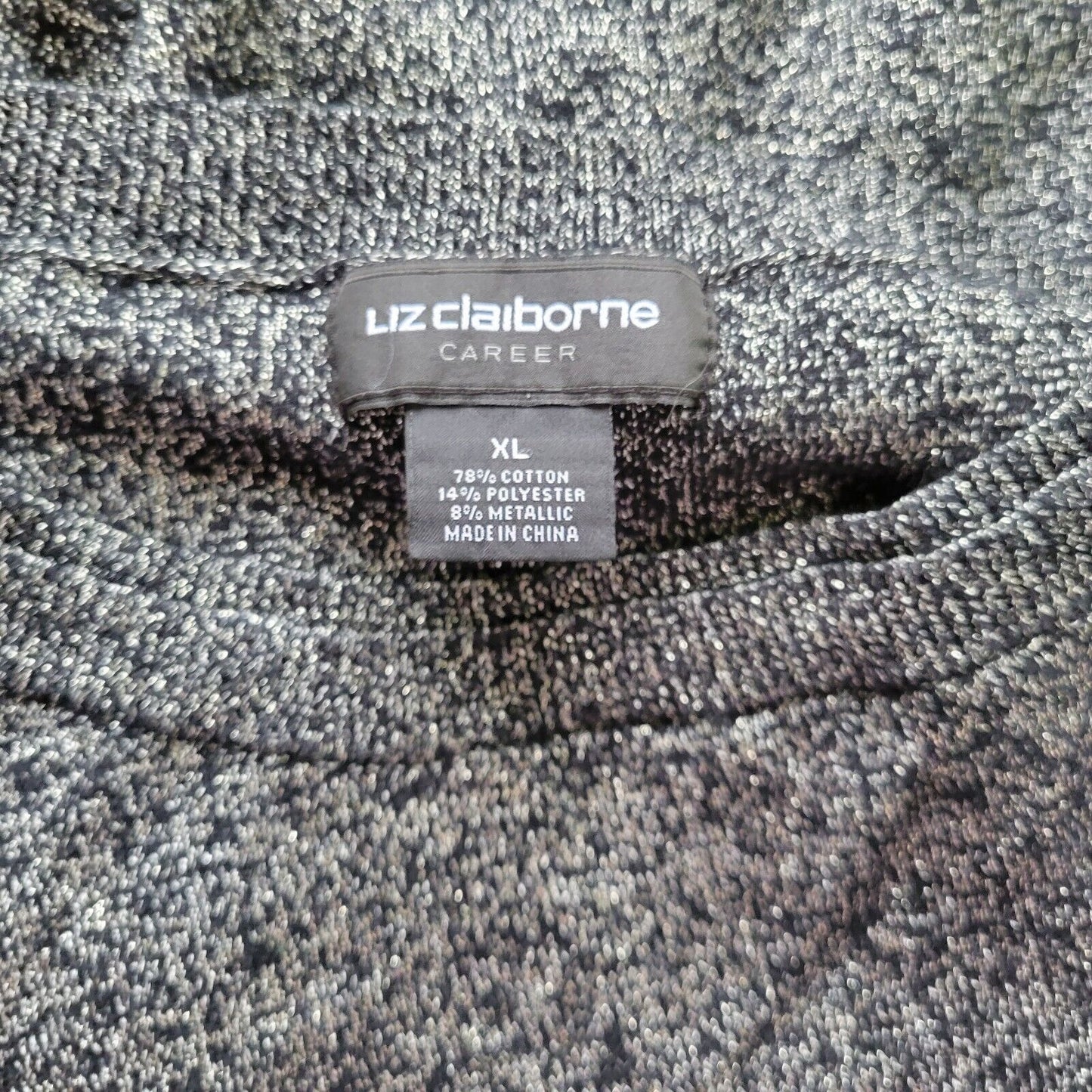 Liz Claiborne Womens Sweater Extra Large XL Black Silver Metallic 3/4 Sleeve