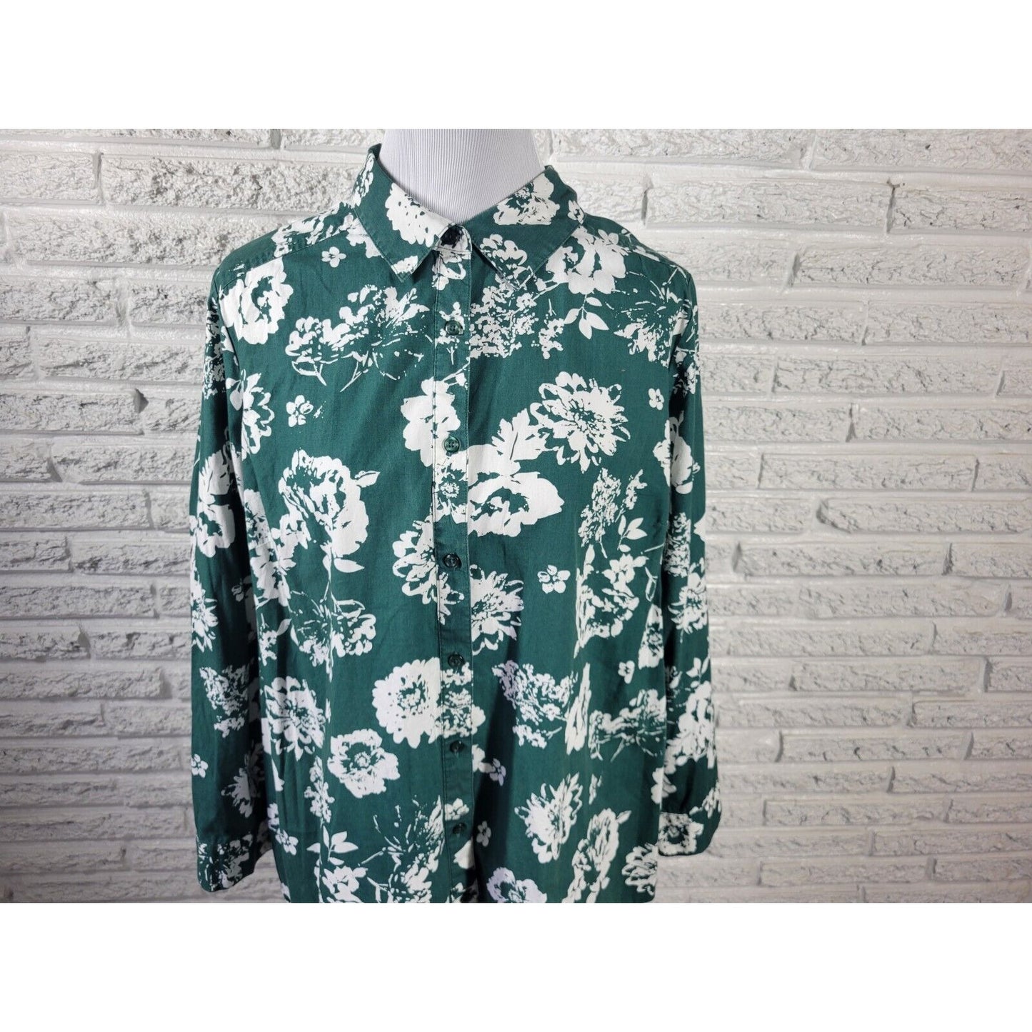 Roamans Womens Top 20W Long Sleeve Green Floral Cotton Collar Casual Button Up