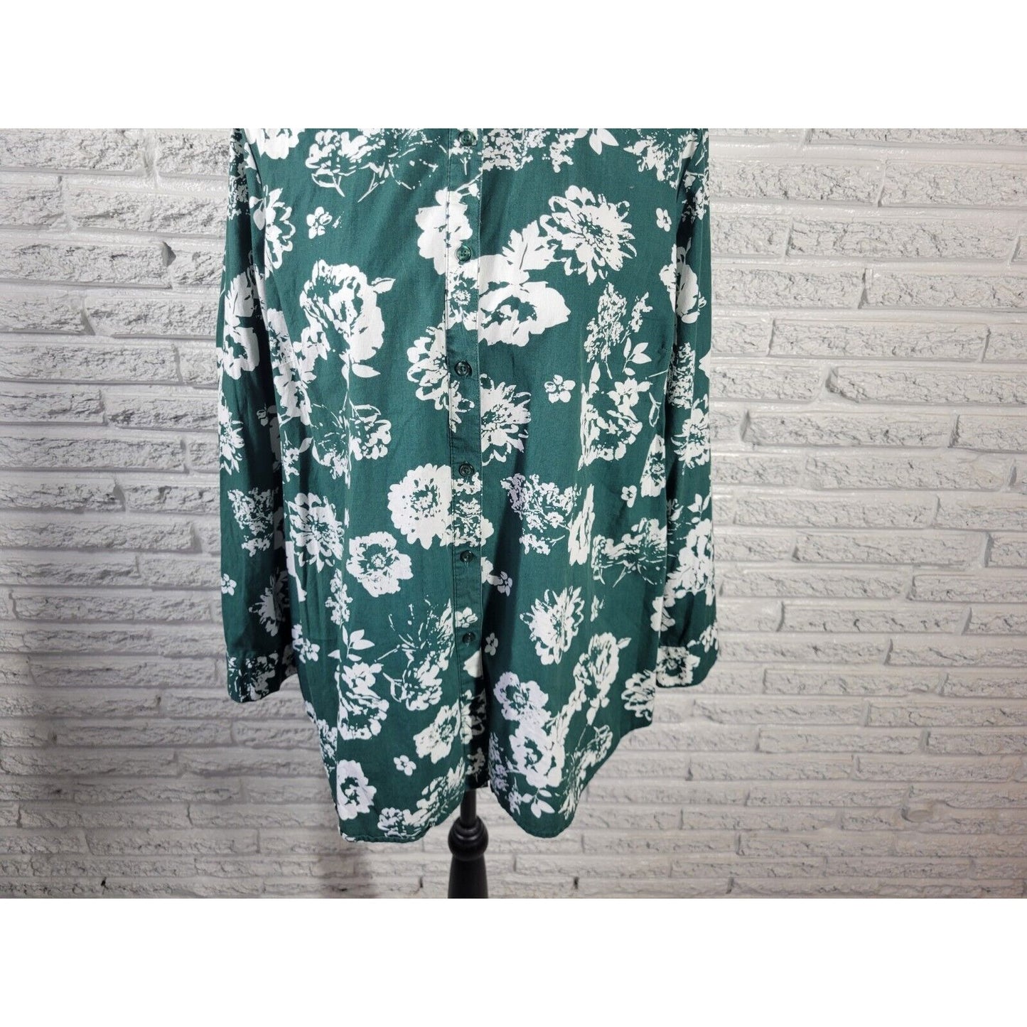 Roamans Womens Top 20W Long Sleeve Green Floral Cotton Collar Casual Button Up