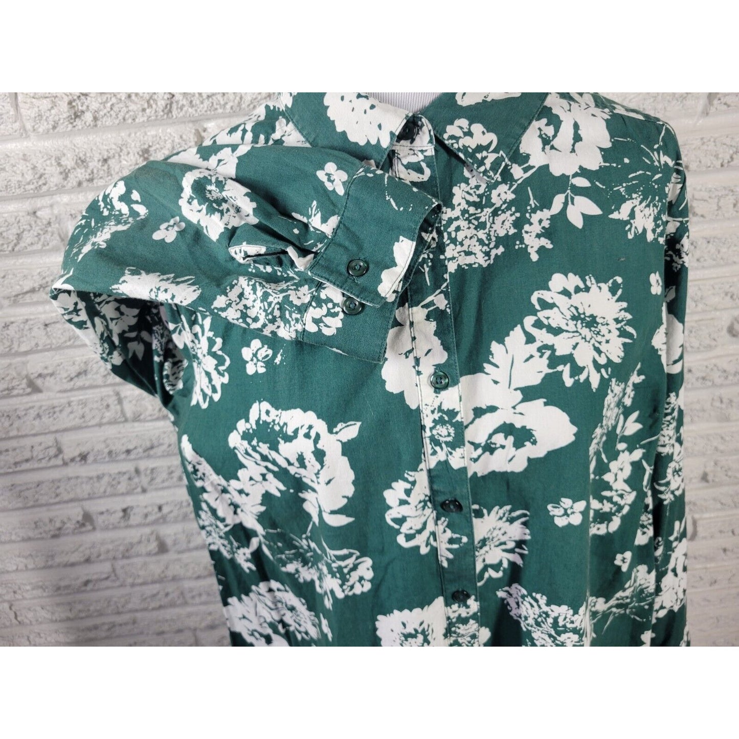 Roamans Womens Top 20W Long Sleeve Green Floral Cotton Collar Casual Button Up