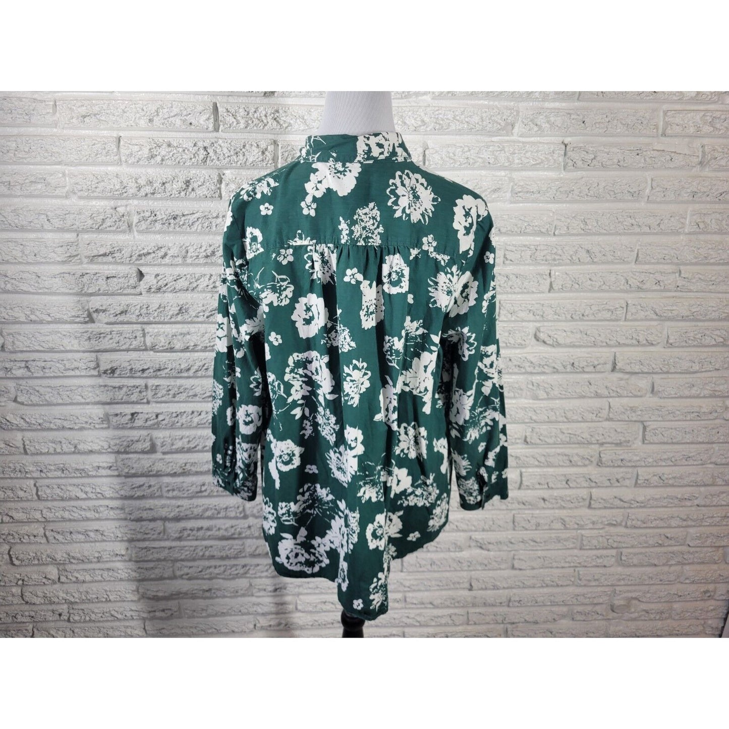 Roamans Womens Top 20W Long Sleeve Green Floral Cotton Collar Casual Button Up