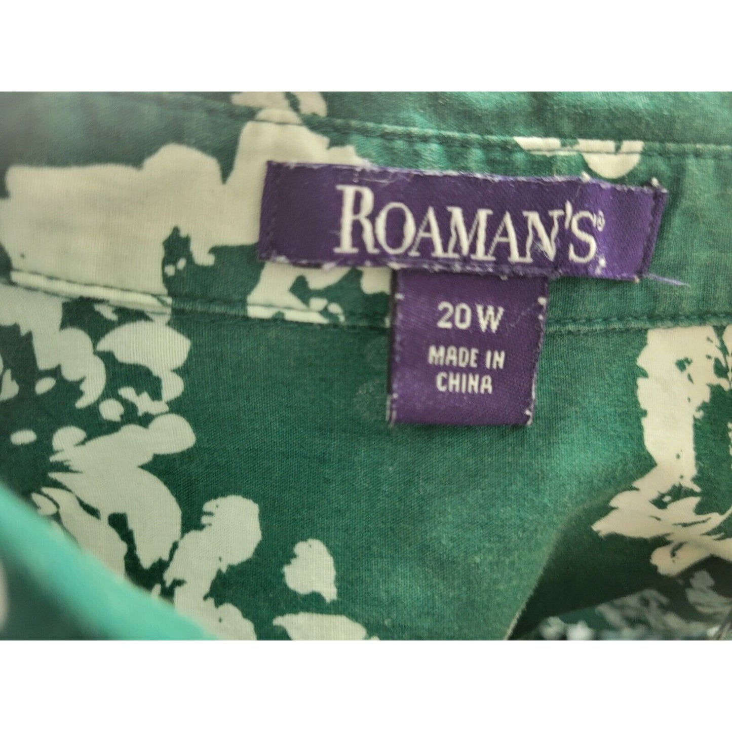 Roamans Womens Top 20W Long Sleeve Green Floral Cotton Collar Casual Button Up