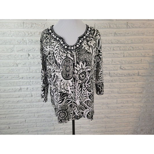 RQT Womens Top 2X Plus 3/4 Sleeve Pullover Black Floral Beaded Office Casual