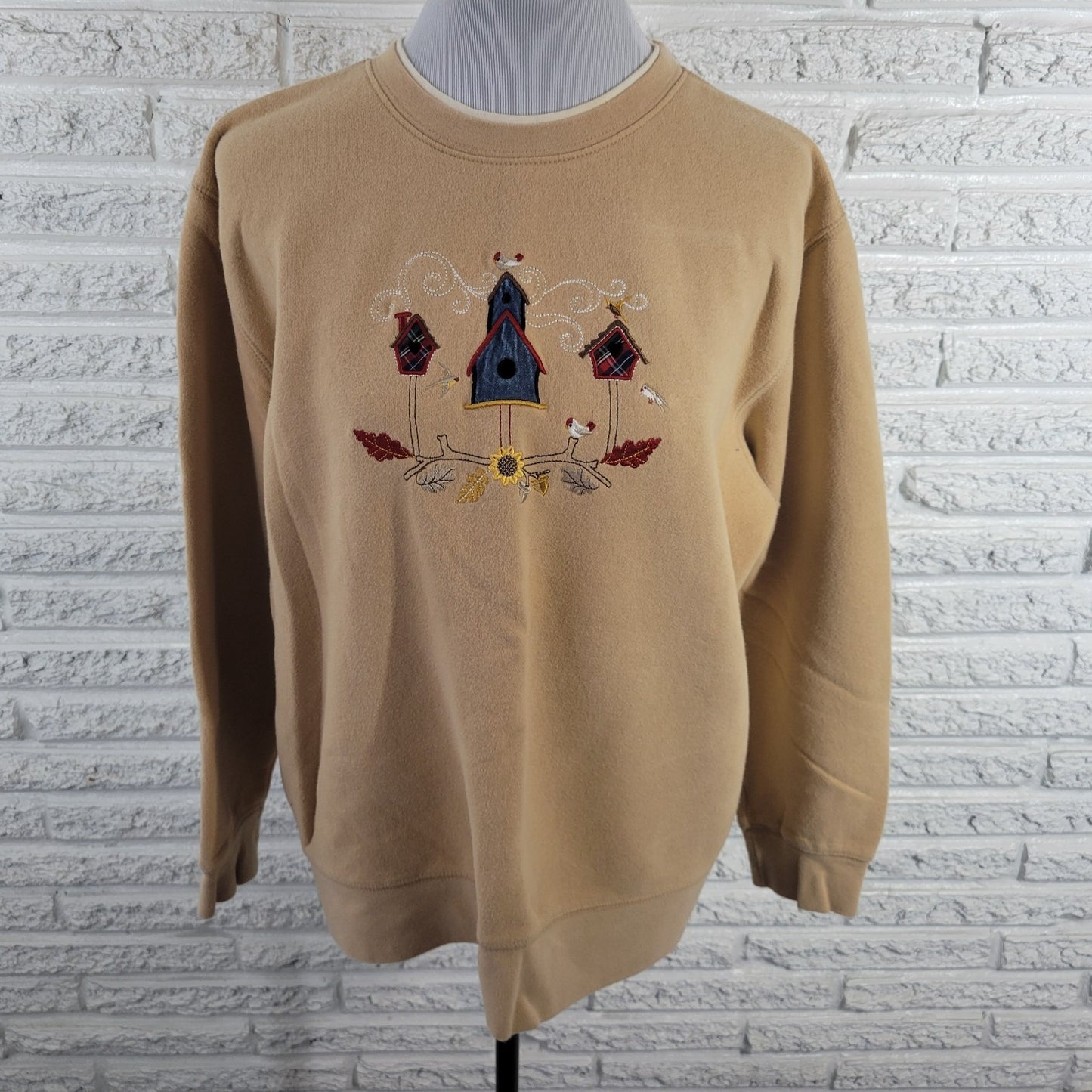 Classic Elements Womens Sweatshirt XL Beige Birdhouses Embroidered Comfy Casual