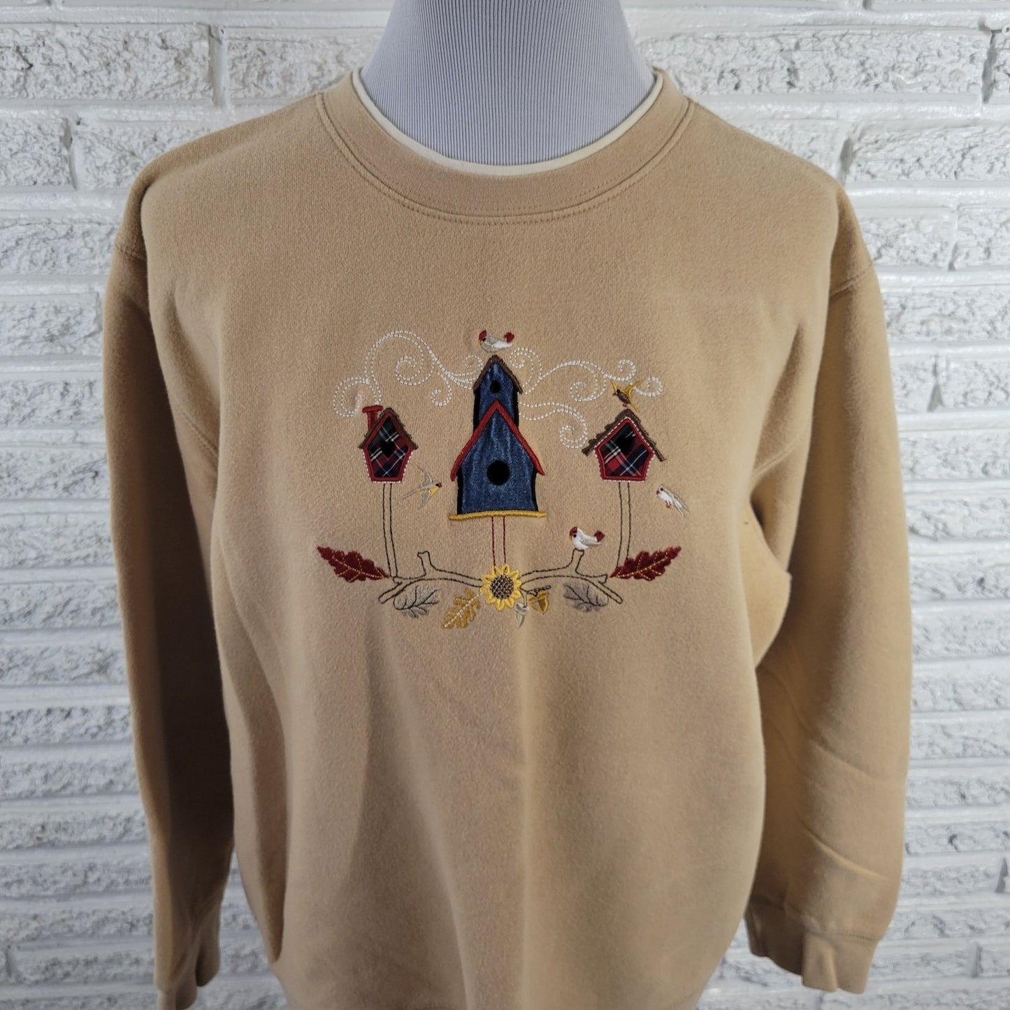 Classic Elements Womens Sweatshirt XL Beige Birdhouses Embroidered Comfy Casual