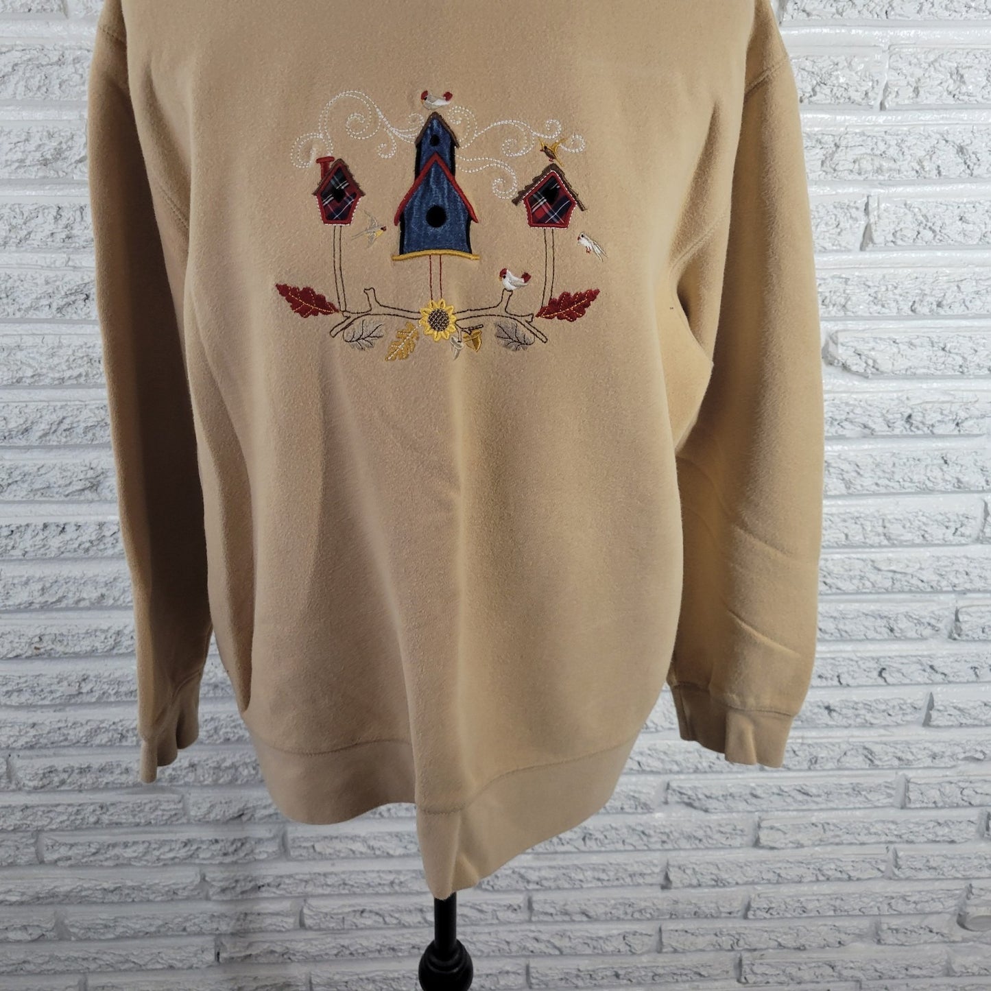 Classic Elements Womens Sweatshirt XL Beige Birdhouses Embroidered Comfy Casual