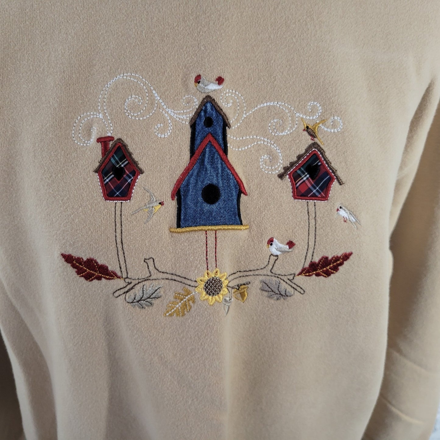 Classic Elements Womens Sweatshirt XL Beige Birdhouses Embroidered Comfy Casual