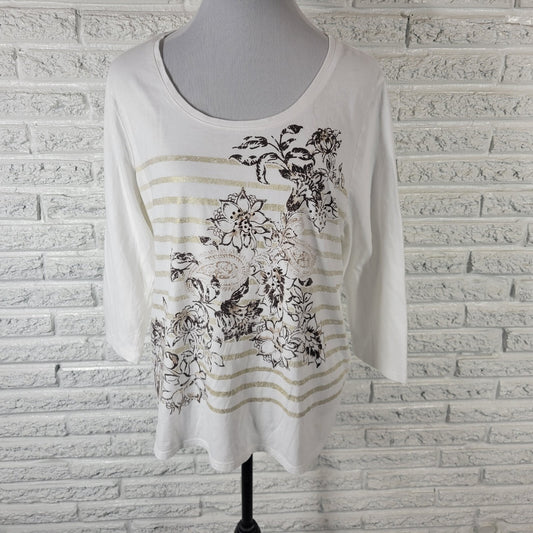 Chicos Zenergy Women Top Tee 3 Standard XL 3/4 Sleeve White Floral Comfy Studded