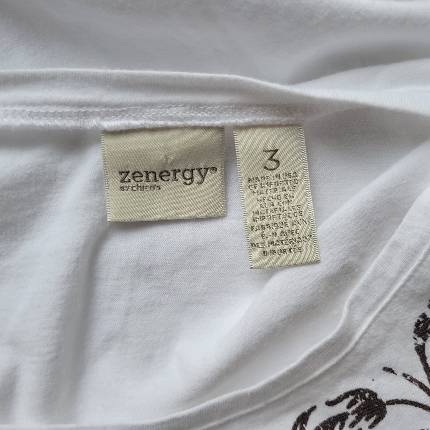 Chicos Zenergy Women Top Tee 3 Standard XL 3/4 Sleeve White Floral Comfy Studded
