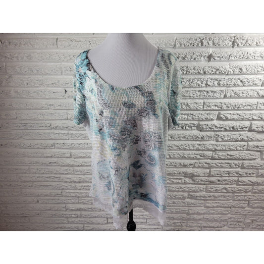 Live Let Live Womens Top XXL Short Sleeve Crochet Lace Hem Blue Floral Sequins