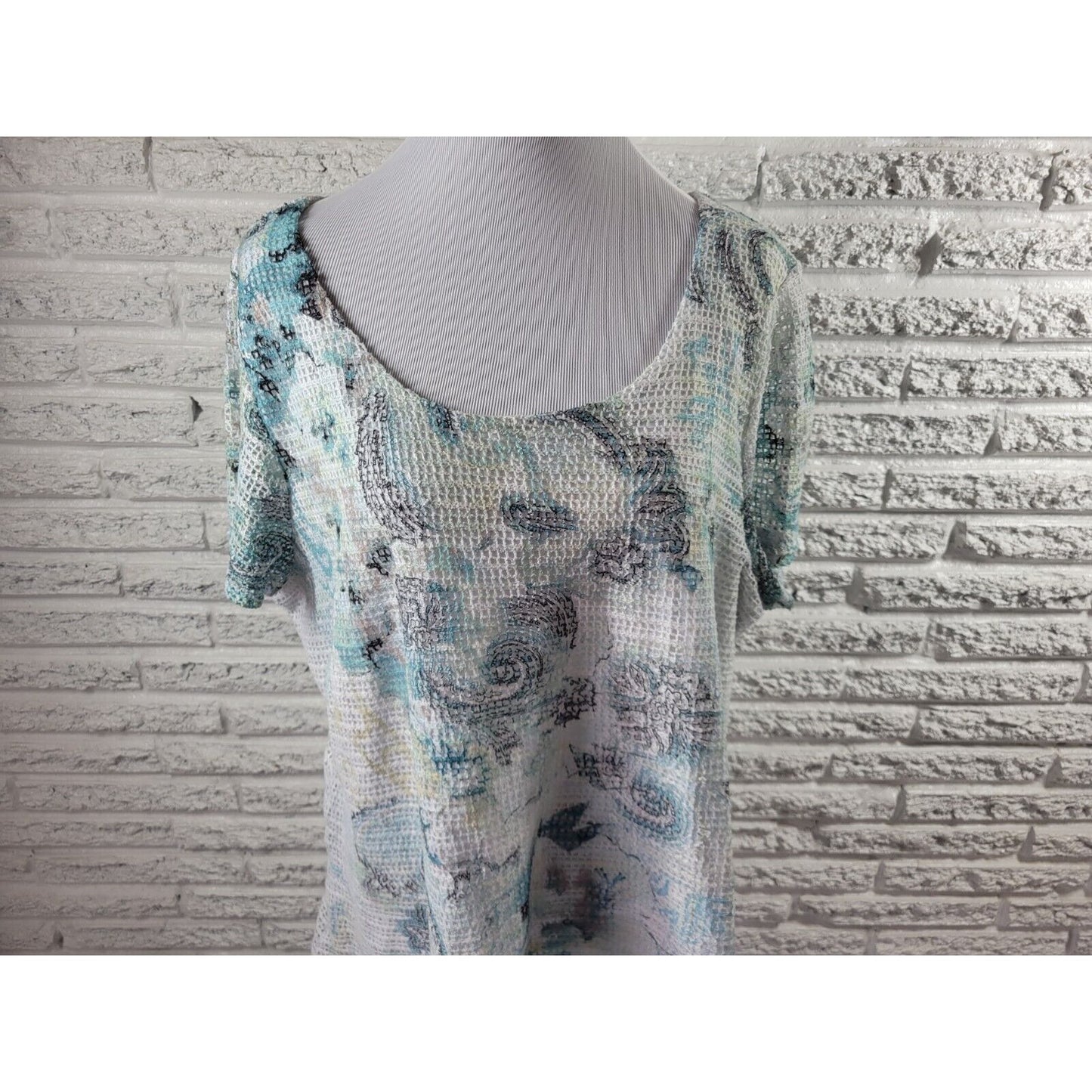 Live Let Live Womens Top XXL Short Sleeve Crochet Lace Hem Blue Floral Sequins