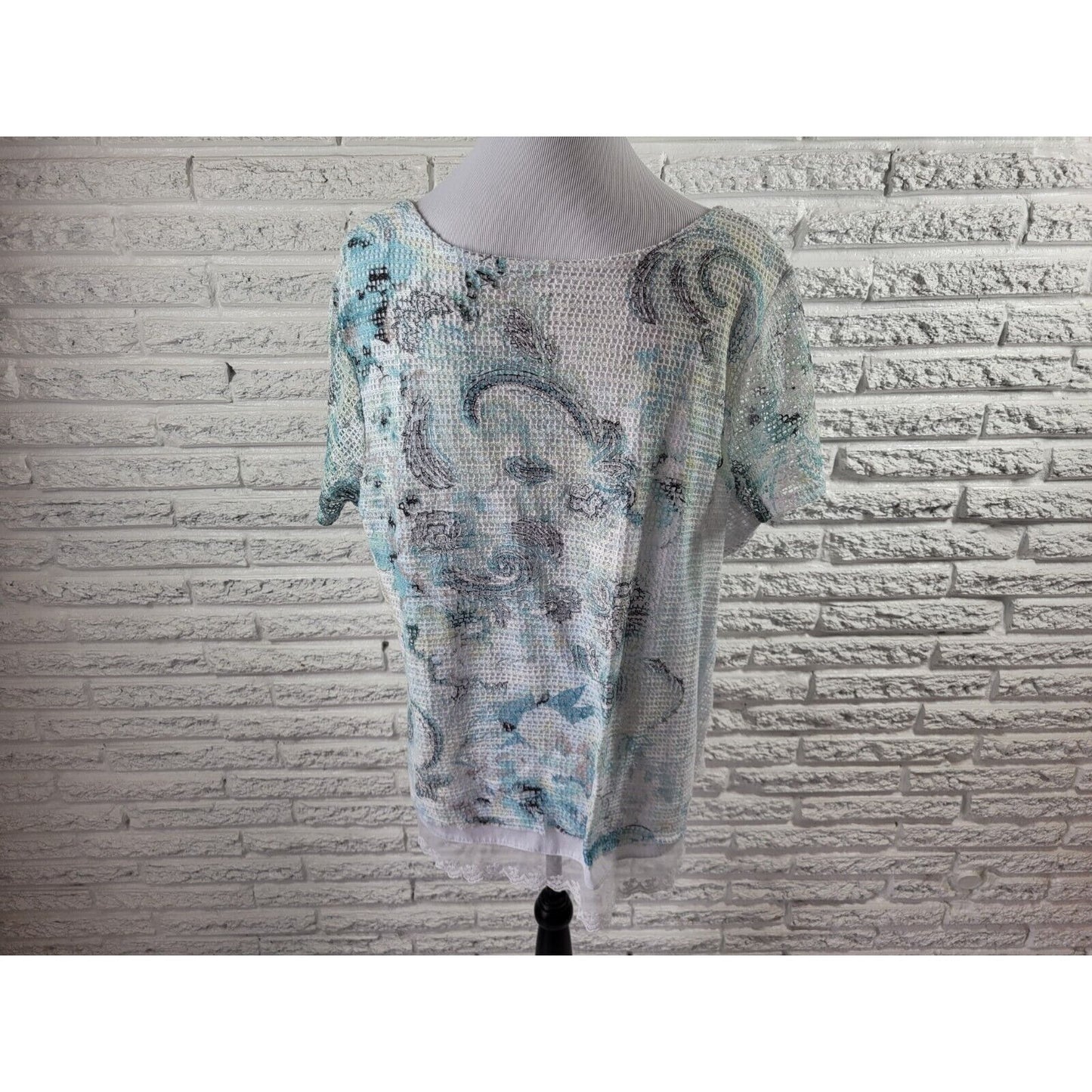 Live Let Live Womens Top XXL Short Sleeve Crochet Lace Hem Blue Floral Sequins