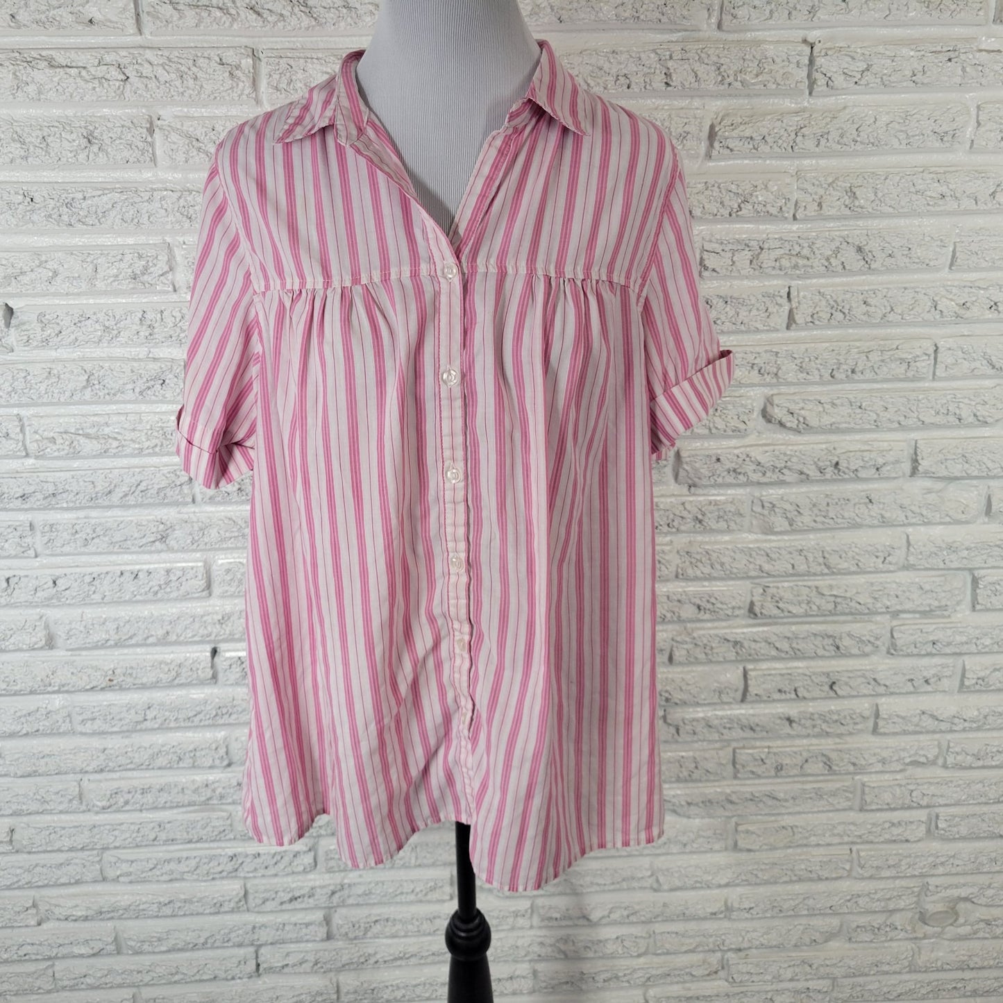 Roamans Womens Top 16W Plus Cuff Sleeve Button Up Pink Stripe Lightweight Casual