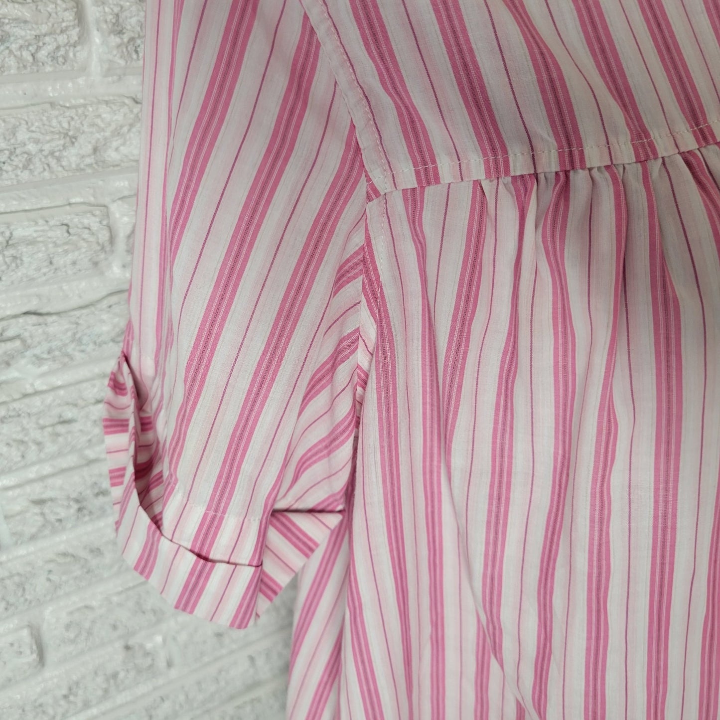 Roamans Womens Top 16W Plus Cuff Sleeve Button Up Pink Stripe Lightweight Casual