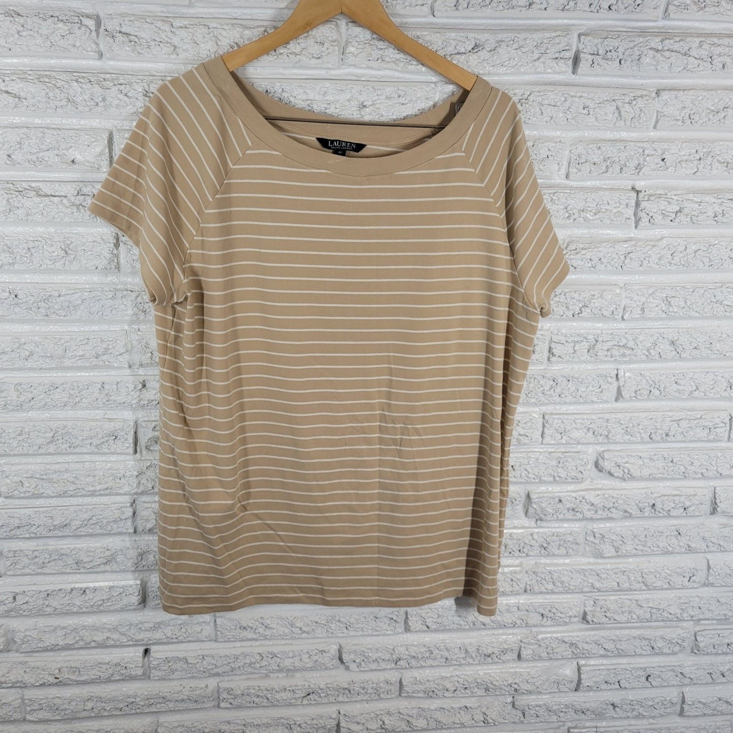Lauren Ralph Lauren Womens Top 3X Plus Tee Knit Short Sleeve Beige Tan Stripe