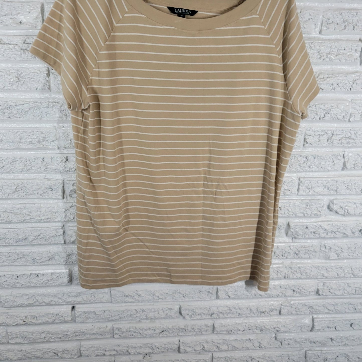 Lauren Ralph Lauren Womens Top 3X Plus Tee Knit Short Sleeve Beige Tan Stripe