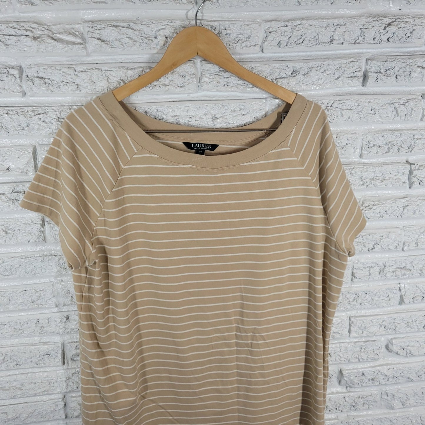 Lauren Ralph Lauren Womens Top 3X Plus Tee Knit Short Sleeve Beige Tan Stripe