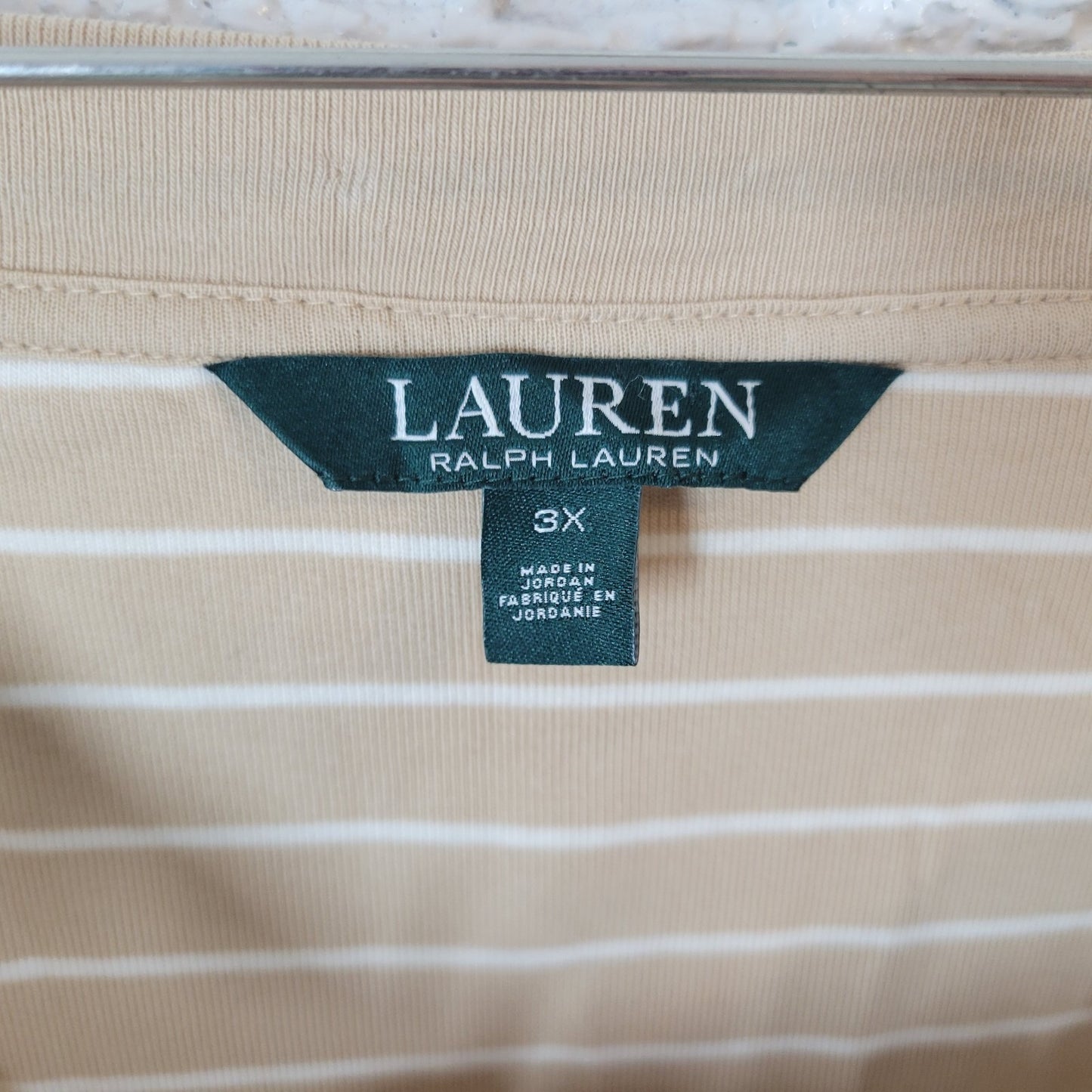 Lauren Ralph Lauren Womens Top 3X Plus Tee Knit Short Sleeve Beige Tan Stripe