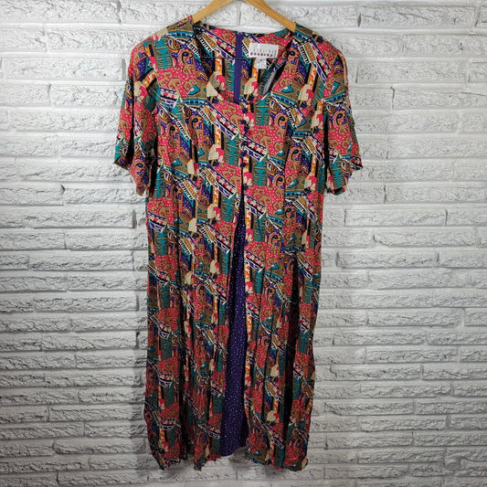 Carolina Colors II Women's 18 Midi Shirt Dress Pink Geometric Short Sleeve Rayon