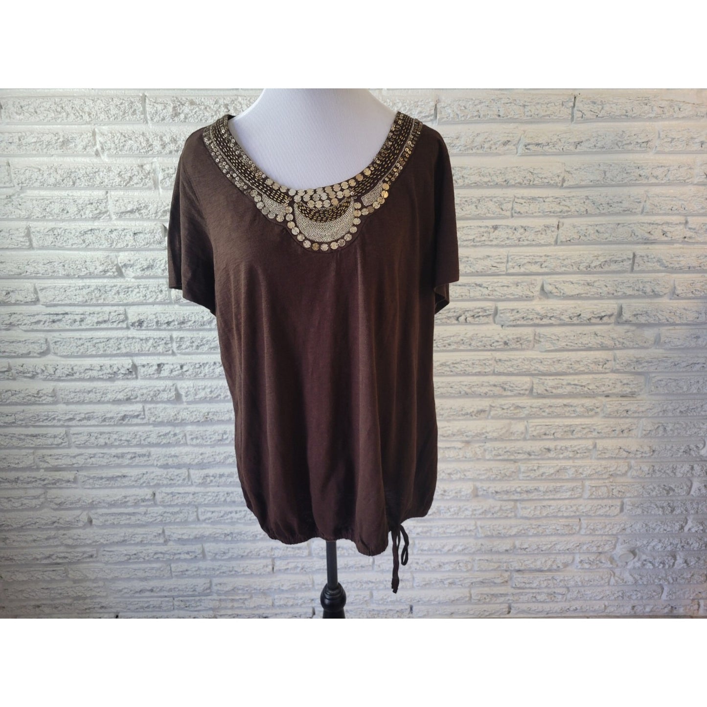 Style & Co Womens Top 1X Plus Cap Sleeve Brown Studded Sequins Stretchy Cotton