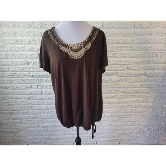 Style & Co Womens Top 1X Plus Cap Sleeve Brown Studded Sequins Stretchy Cotton