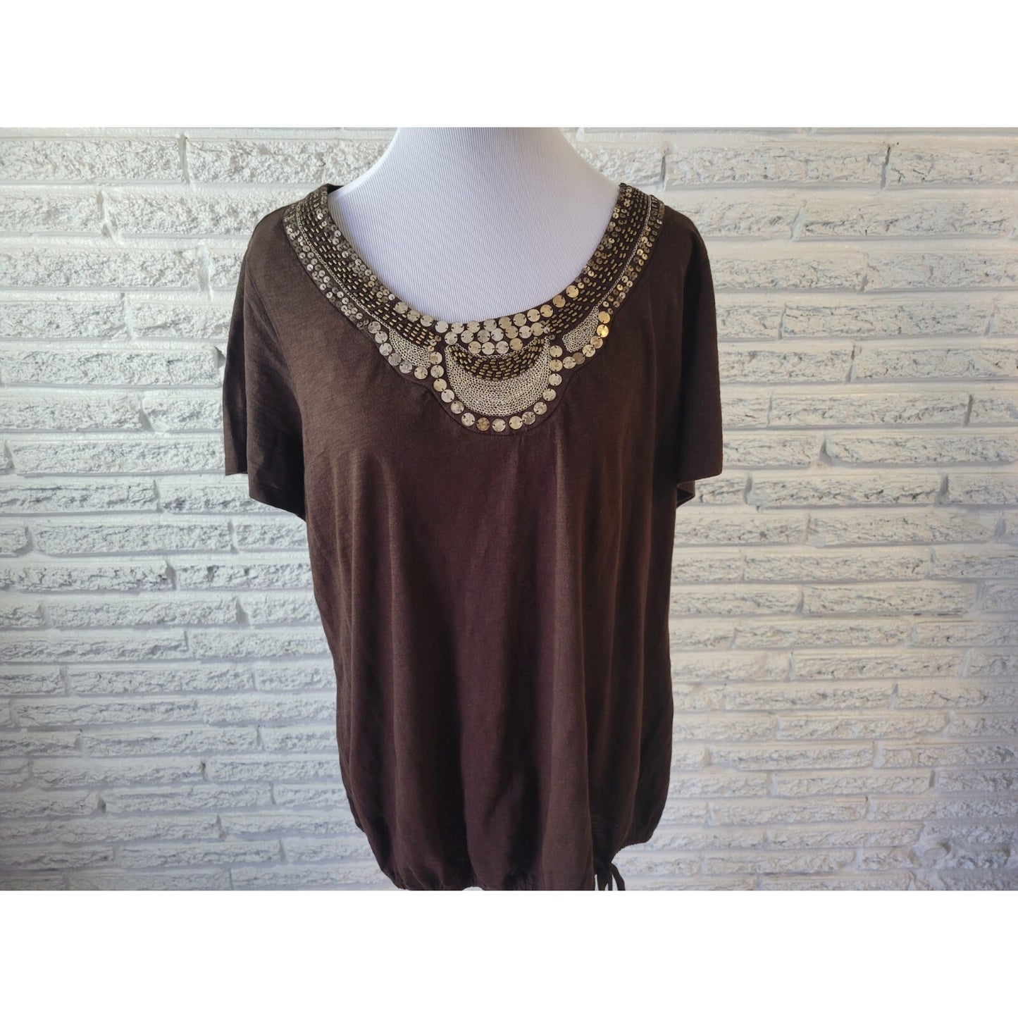 Style & Co Womens Top 1X Plus Cap Sleeve Brown Studded Sequins Stretchy Cotton