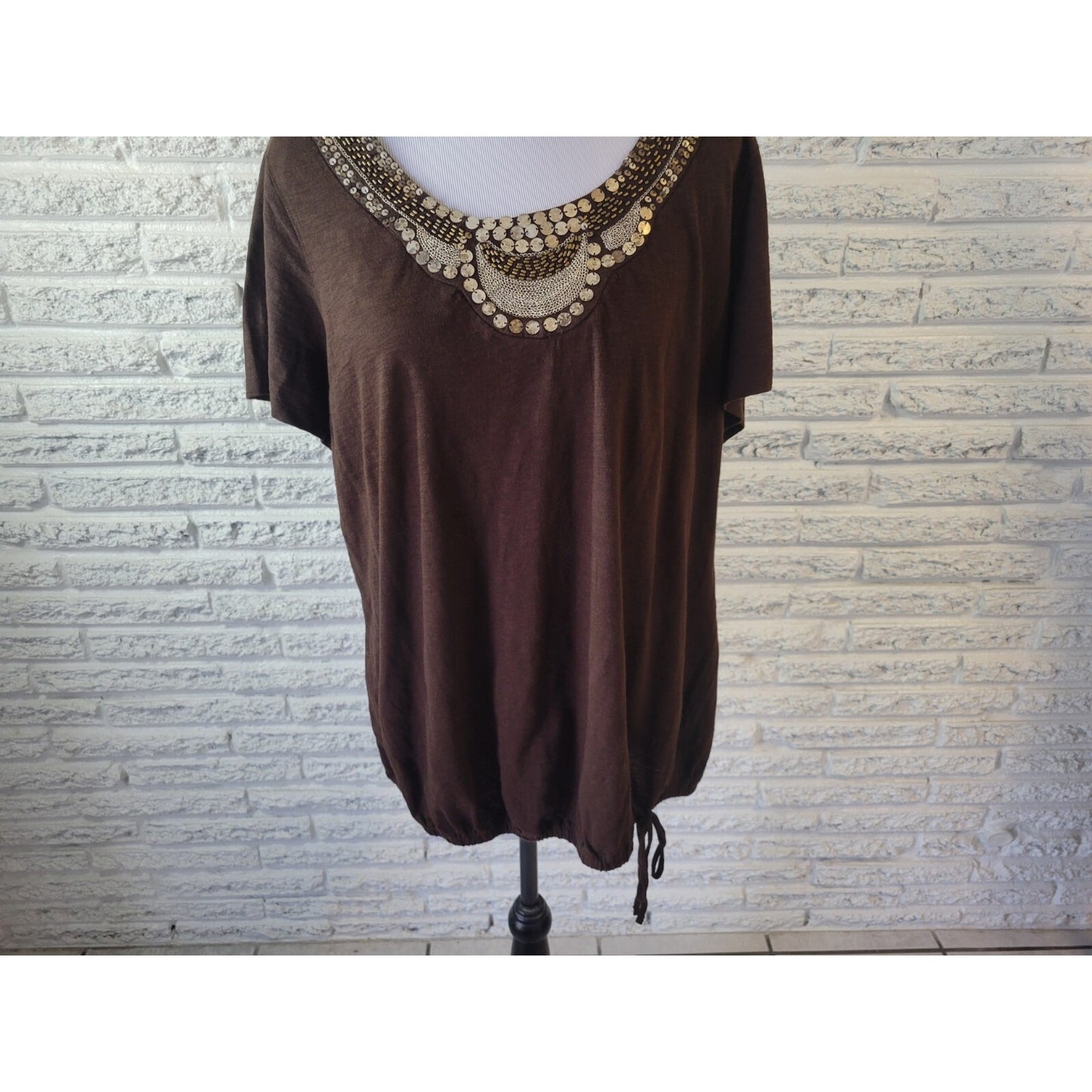 Style & Co Womens Top 1X Plus Cap Sleeve Brown Studded Sequins Stretchy Cotton