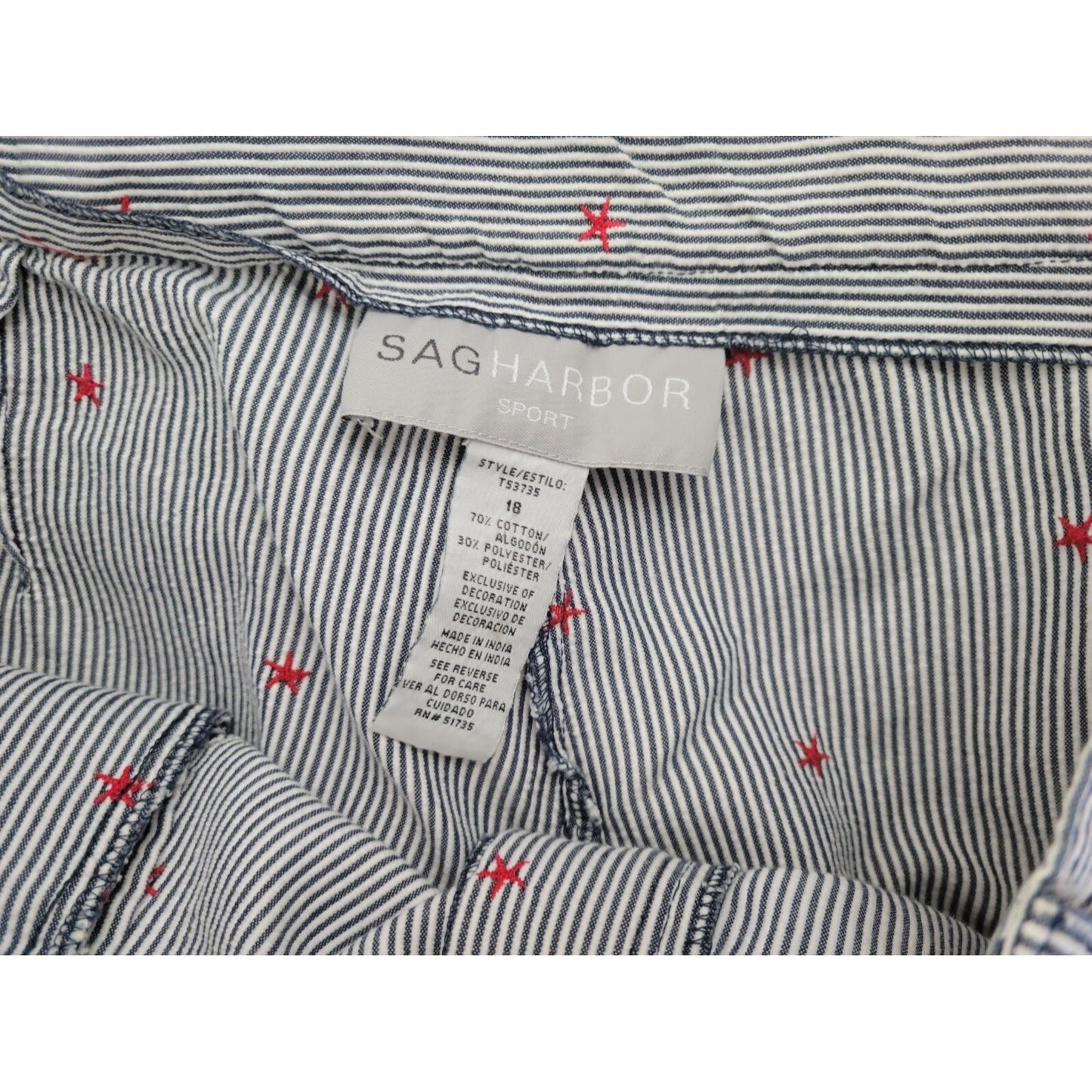 Sag Harbor Womens Pants 18 Plus Capri Embroider Stars Gray Stripe Seersucker