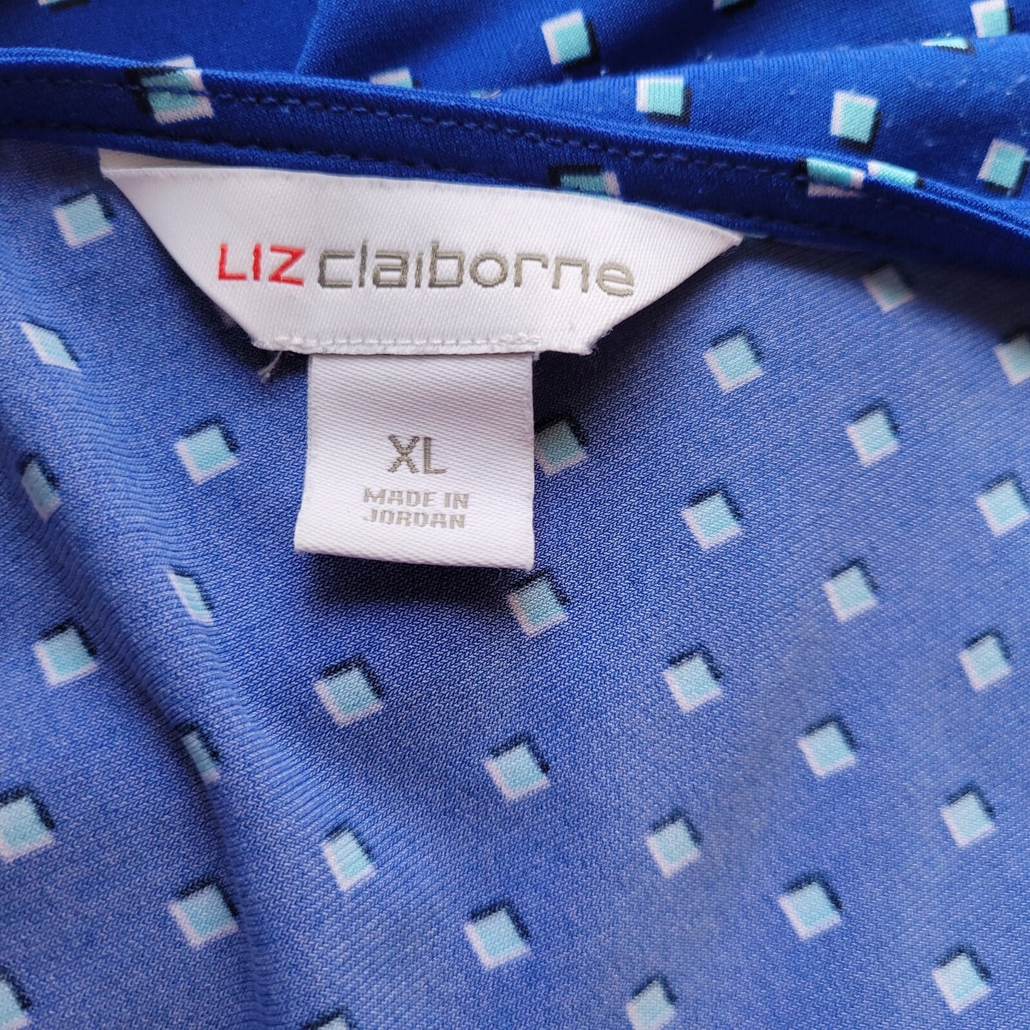 Liz Claiborne Women's XL Blouse Top Blue Geometric Tiny Square Stretch V-Neck