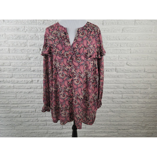 Evans Womens Shirt 26 Plus Long Sleeve Ruffle Button Burgundy Paisley Career
