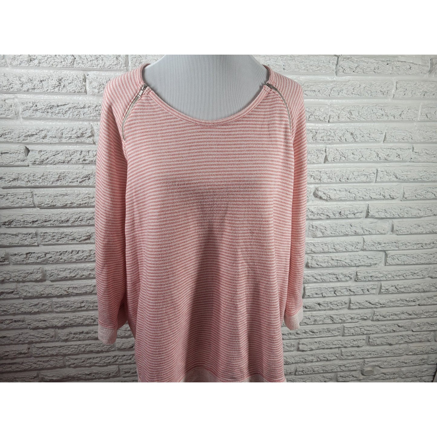 CJ Banks Women Top 2X Plus Knit Double Zip Pink Stripe Cotton Blend Comfy Casual