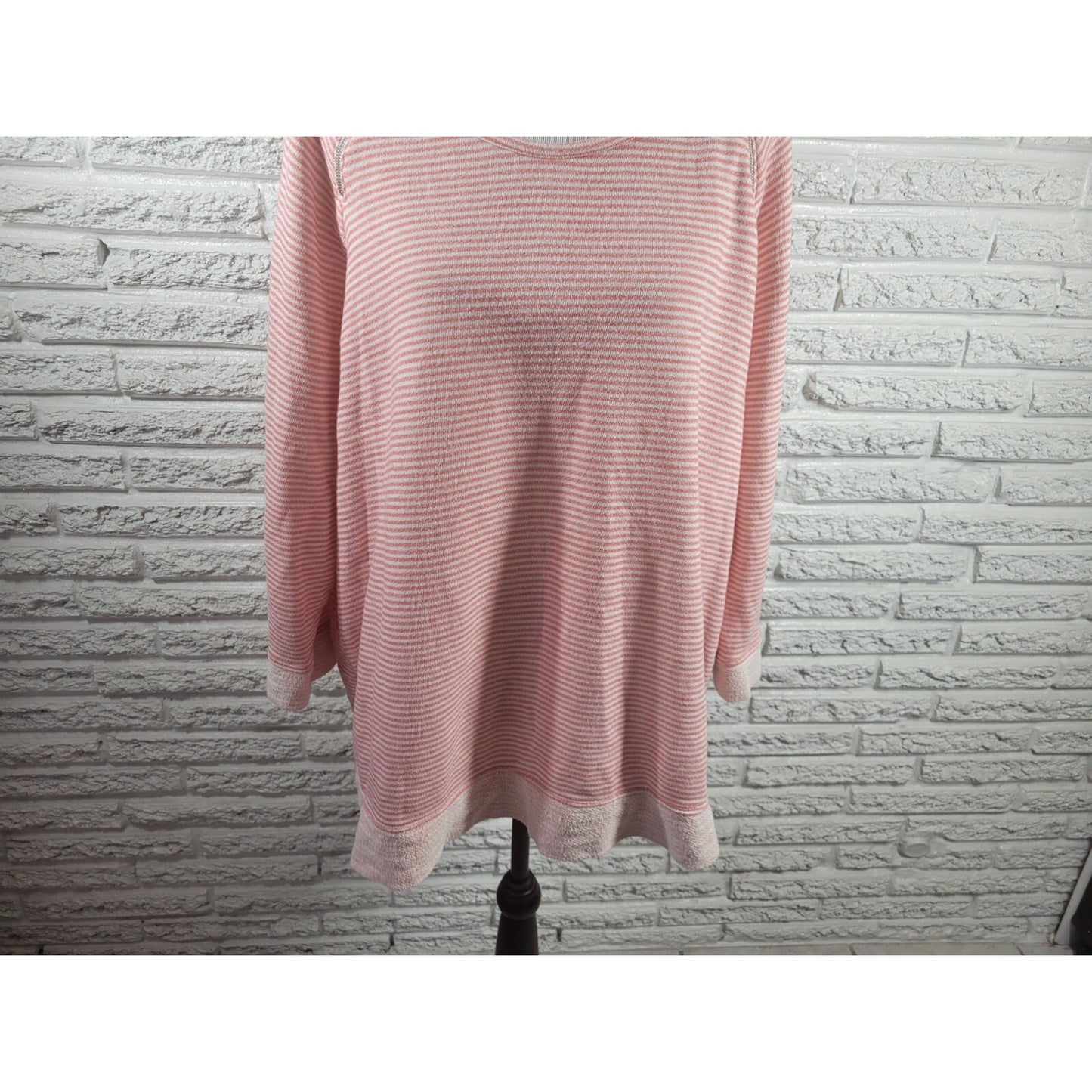 CJ Banks Women Top 2X Plus Knit Double Zip Pink Stripe Cotton Blend Comfy Casual