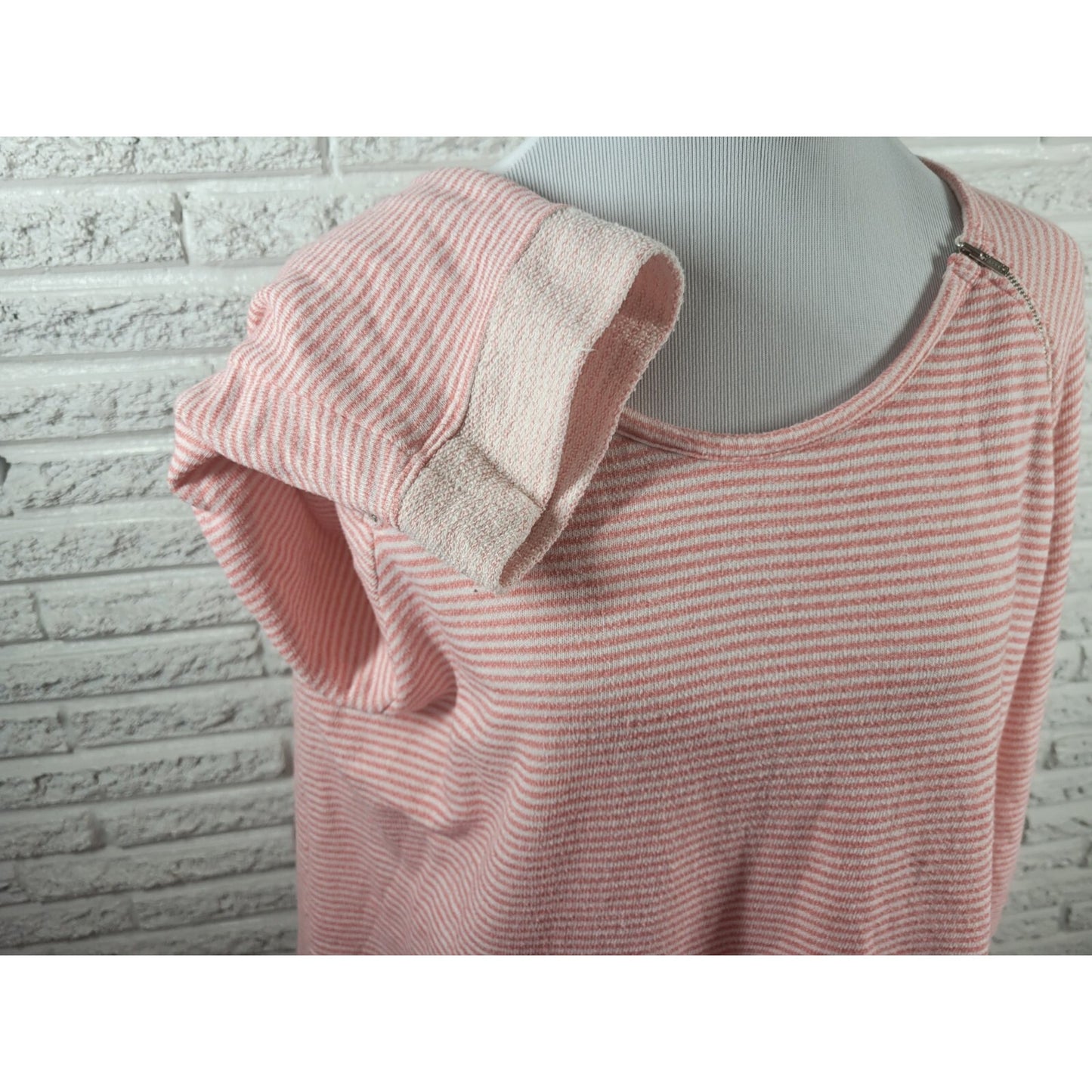 CJ Banks Women Top 2X Plus Knit Double Zip Pink Stripe Cotton Blend Comfy Casual