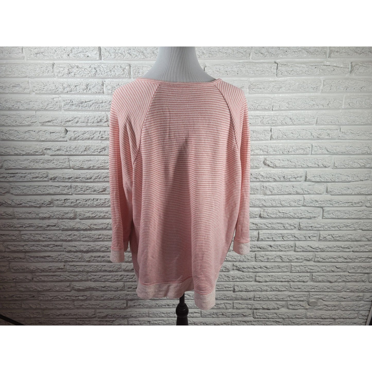 CJ Banks Women Top 2X Plus Knit Double Zip Pink Stripe Cotton Blend Comfy Casual