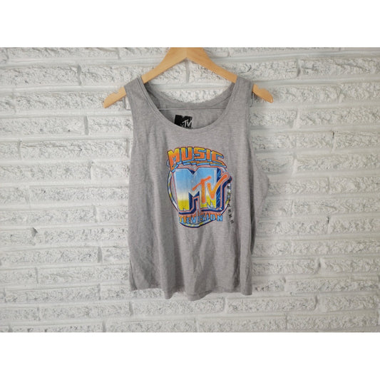 MTV Music Television Womens Top 2XL Plus Tank Gray Cotton Blend Casual Novelty