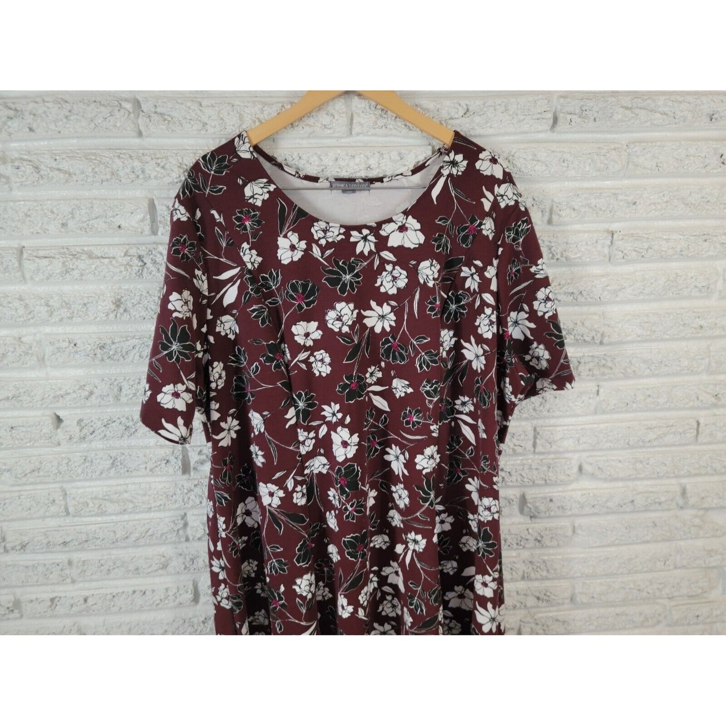 Jessica London Womens Dress 28W Plus Short Sleeve Shirt Burgundy Floral Casual