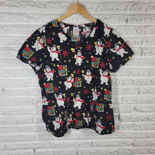 Christmas Frosty Snowman Unisex Scrub Top Extra Large Black Lightweight Cotton